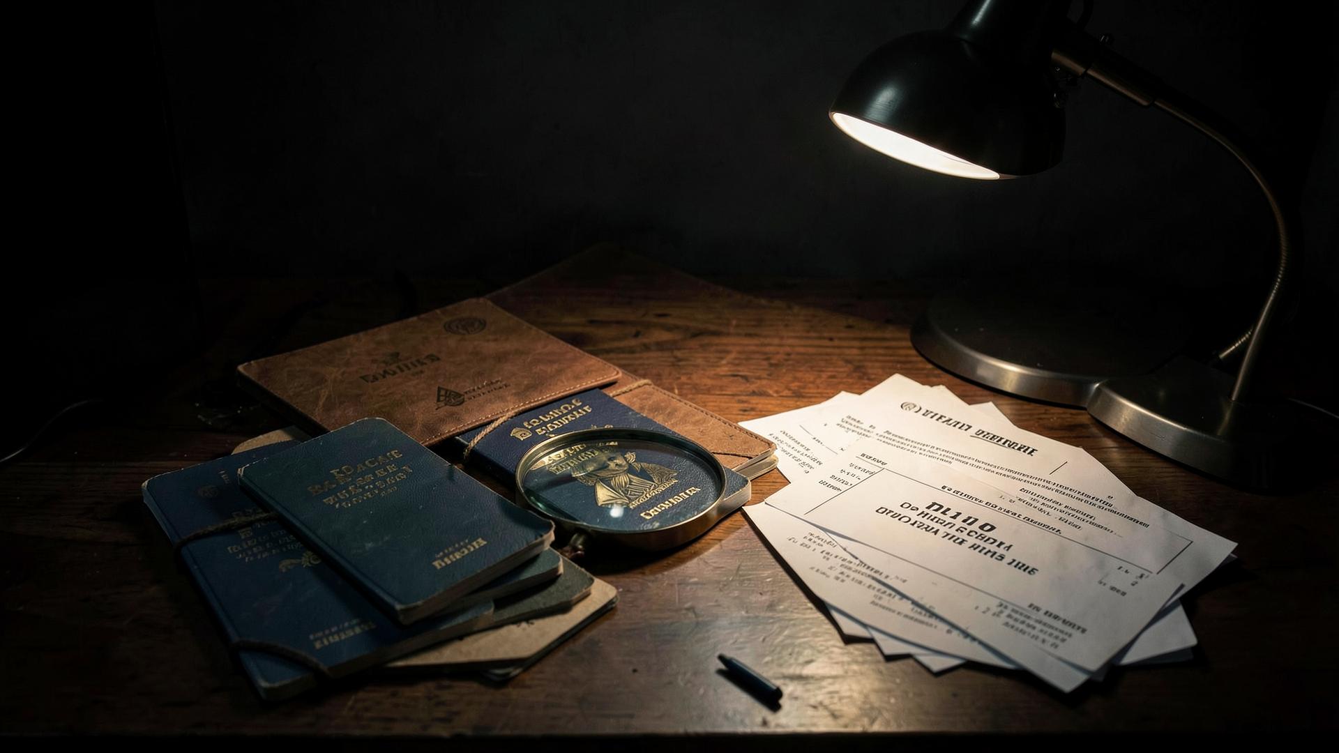 Escritorio con pasaportes, lupa y carpetas de contratos bajo luz tenue