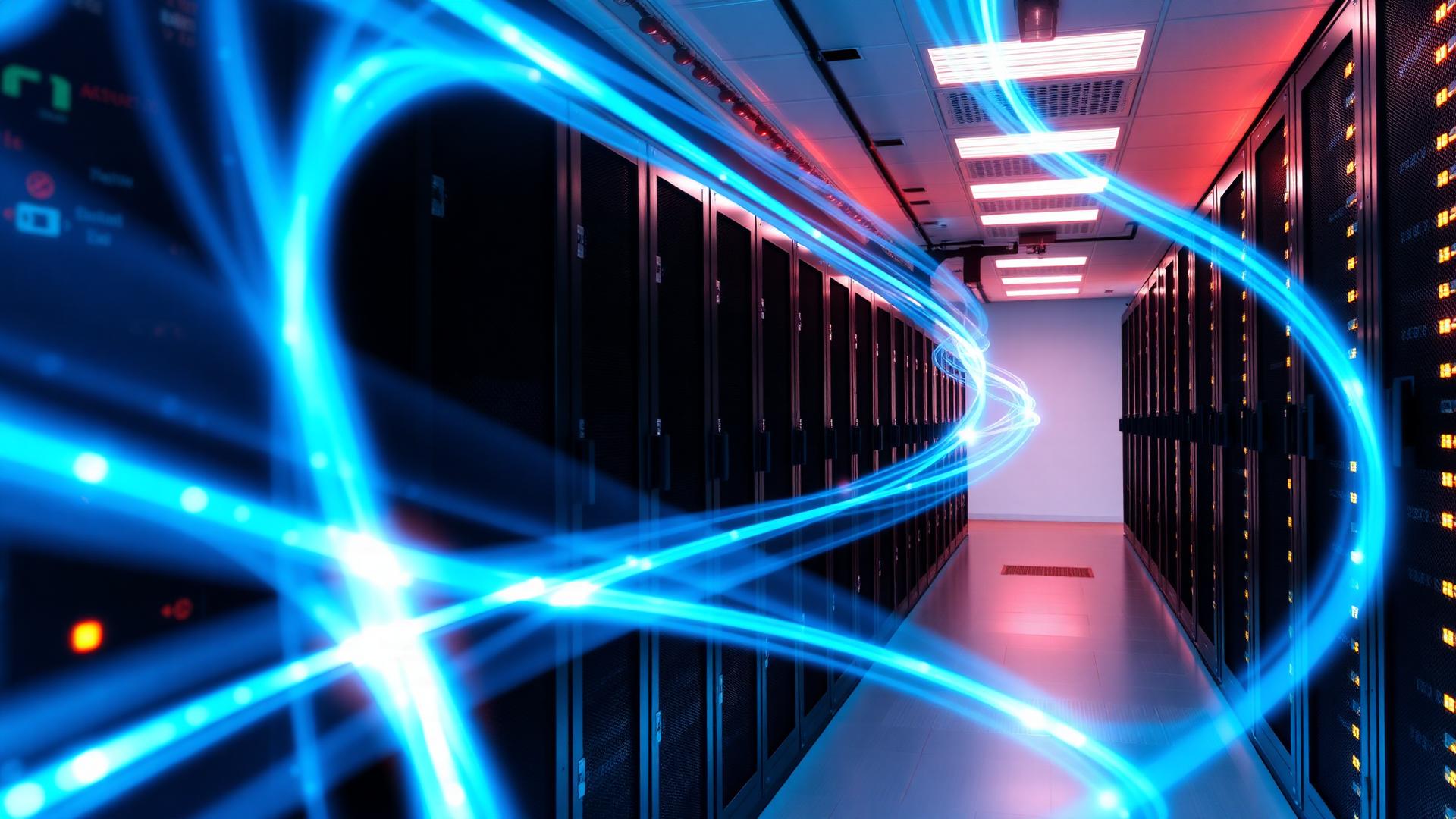 Corredor de centro de datos con racks de servidores y estelas de luz azul