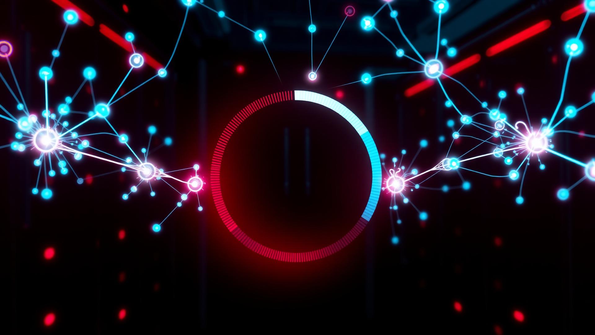 Representación abstracta de una red neuronal con un anillo de progreso en pausa sobre fondo oscuro