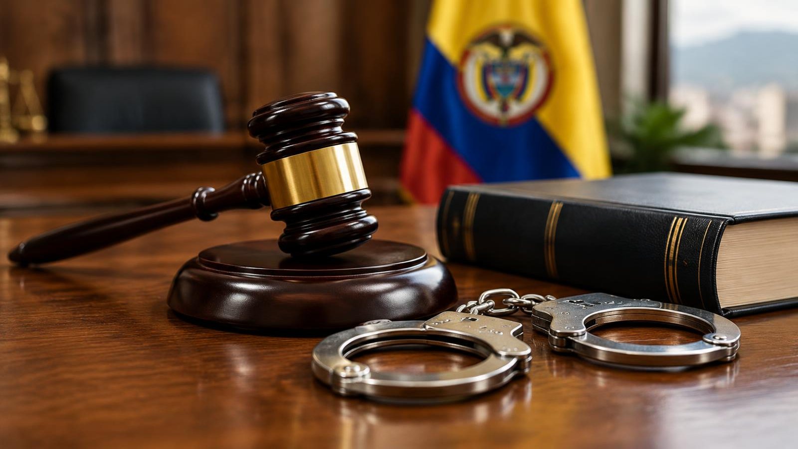 Mazo de juez, esposas y un libro de leyes sobre un escritorio