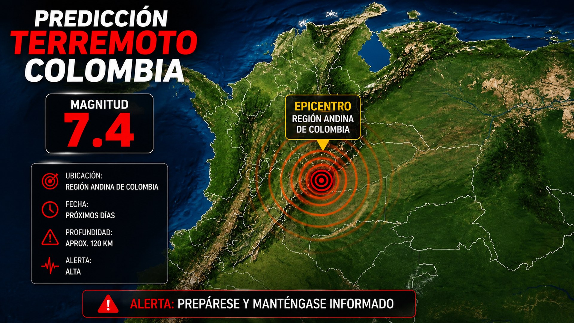 Gráfico de predicción de terremoto en Colombia: magnitud 7.4, epicentro en la región andina