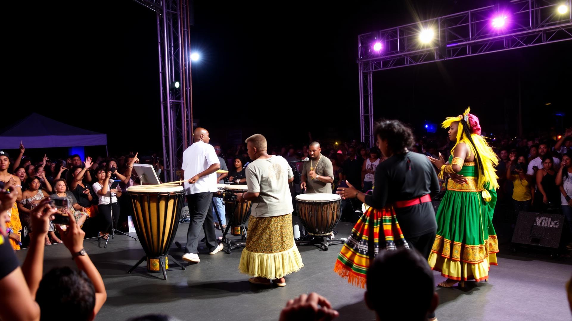 Músicos de marimba y bailarinas del Pacífico colombiano en una tarima nocturna
