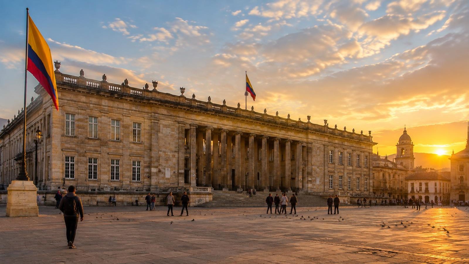Capitolio Nacional en la plaza de Bolívar de Bogotá al atardecer