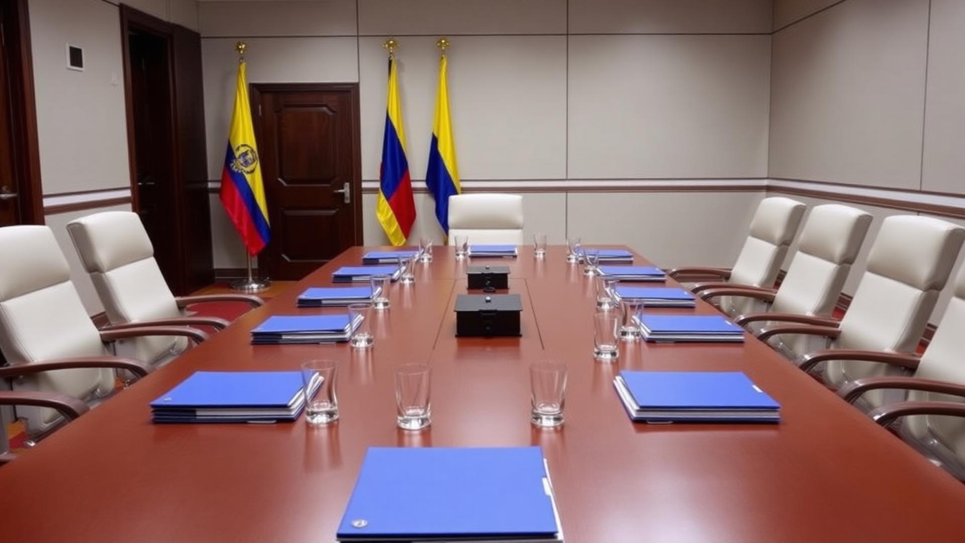 Mesa de consejo de ministros preparada con carpetas y bandera de Colombia