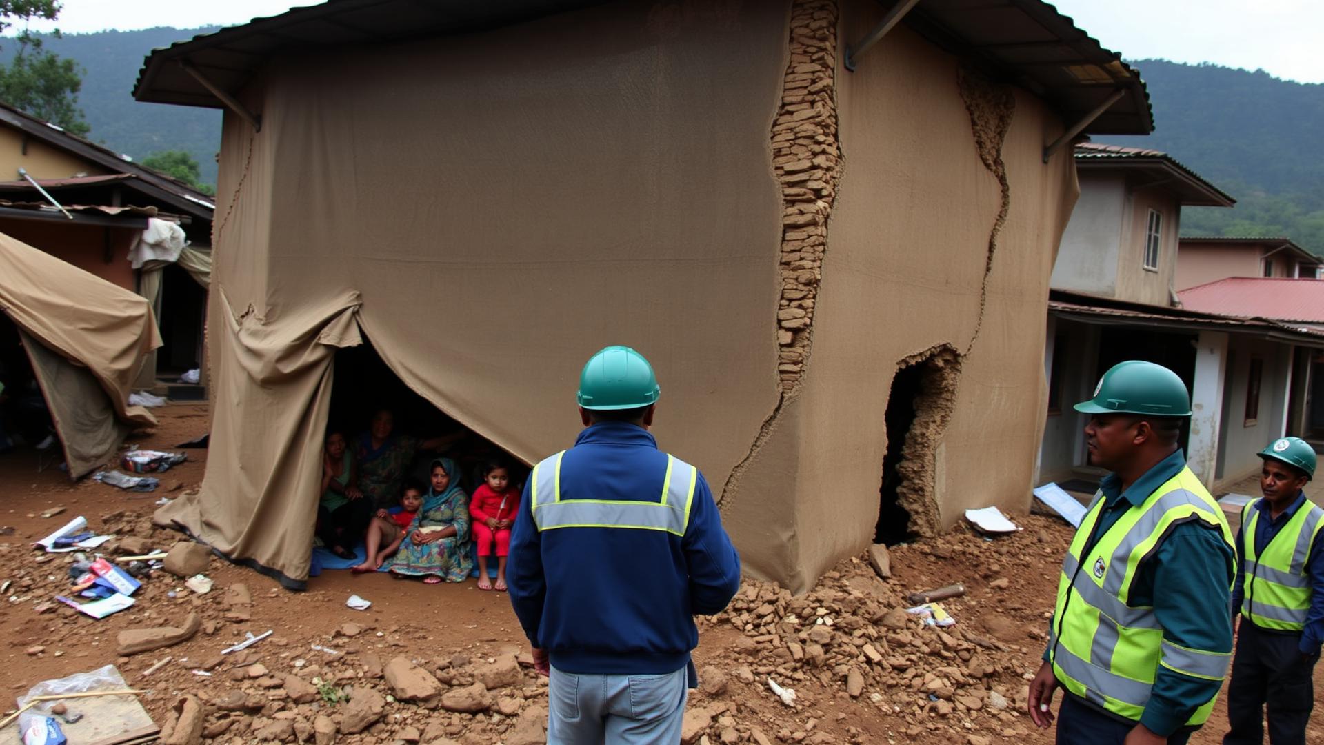 Ingenieros con casco evalúan una vivienda agrietada junto a carpas de damnificados