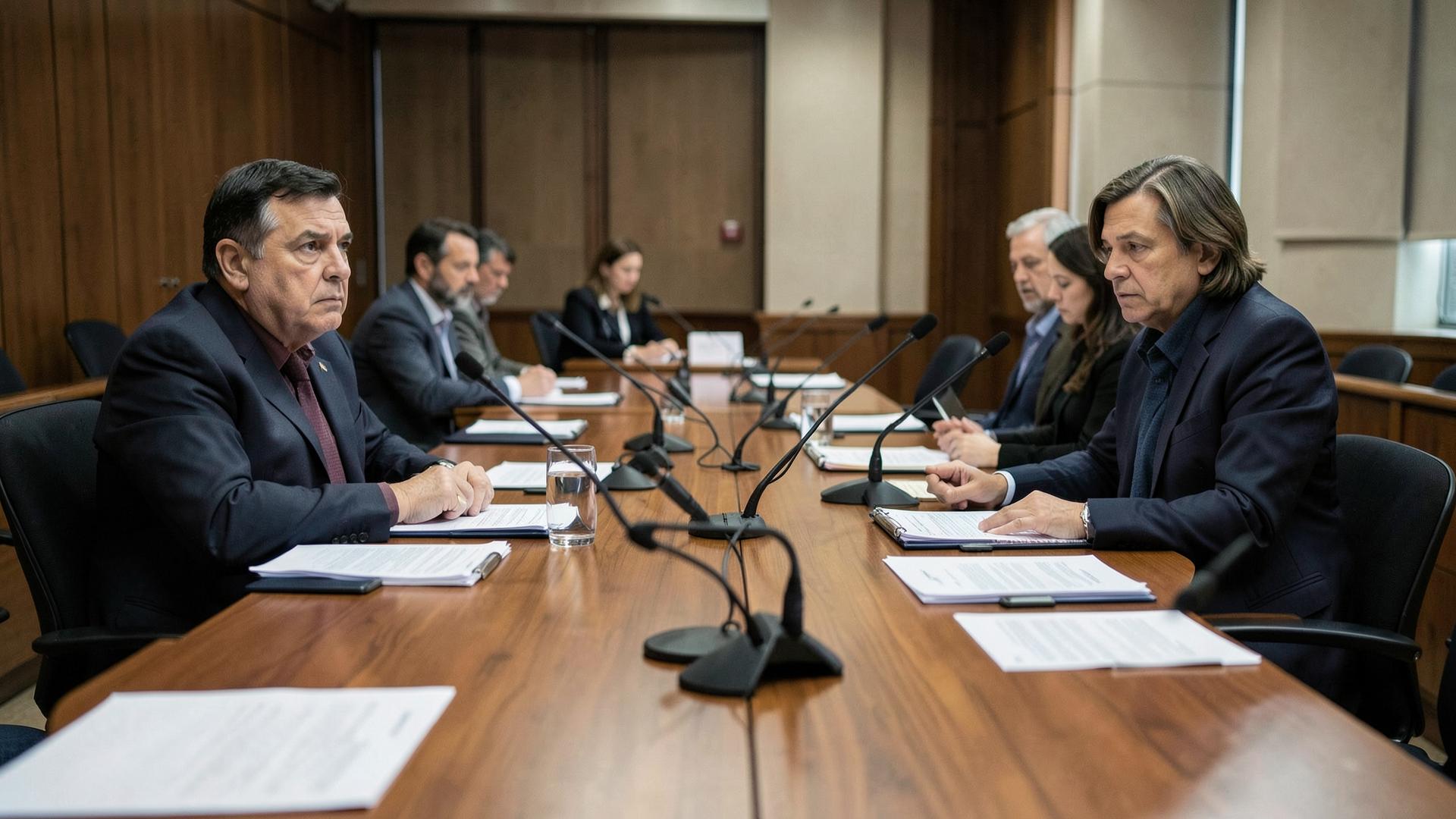 Sesión de comisión en el Congreso colombiano con documentos sobre la mesa