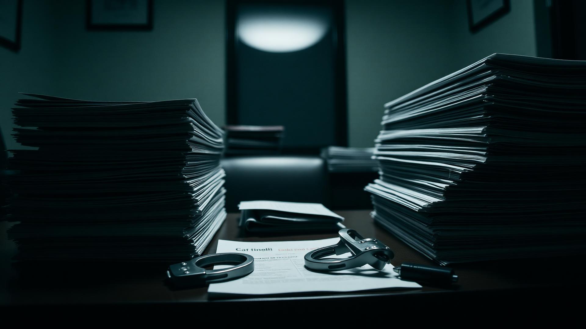 Carpetas de contratos públicos y esposas sobre el escritorio de un fiscal