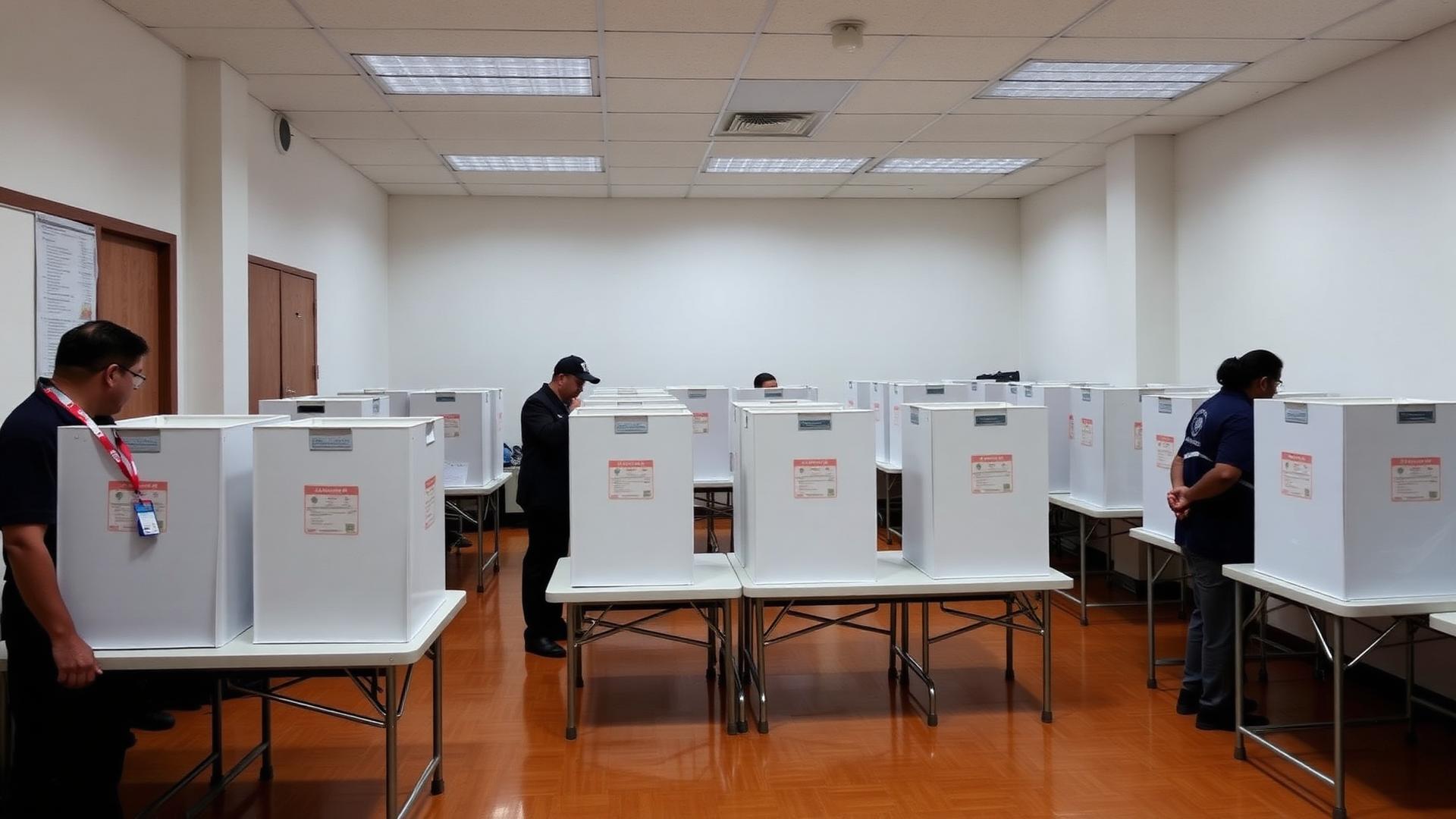 Urnas electorales y observadores con credenciales en una sala de escrutinio