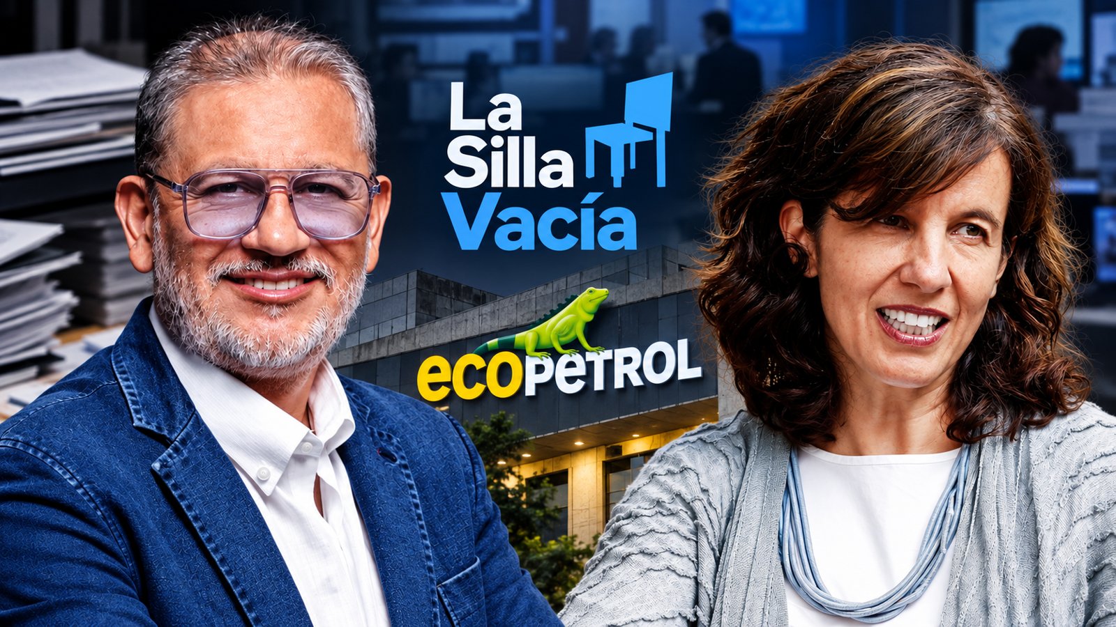 Carlos Suárez y Juanita León con los logos de La Silla Vacía y Ecopetrol al fondo