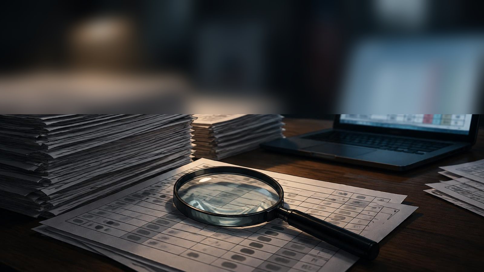 Formularios electorales y una lupa sobre una mesa