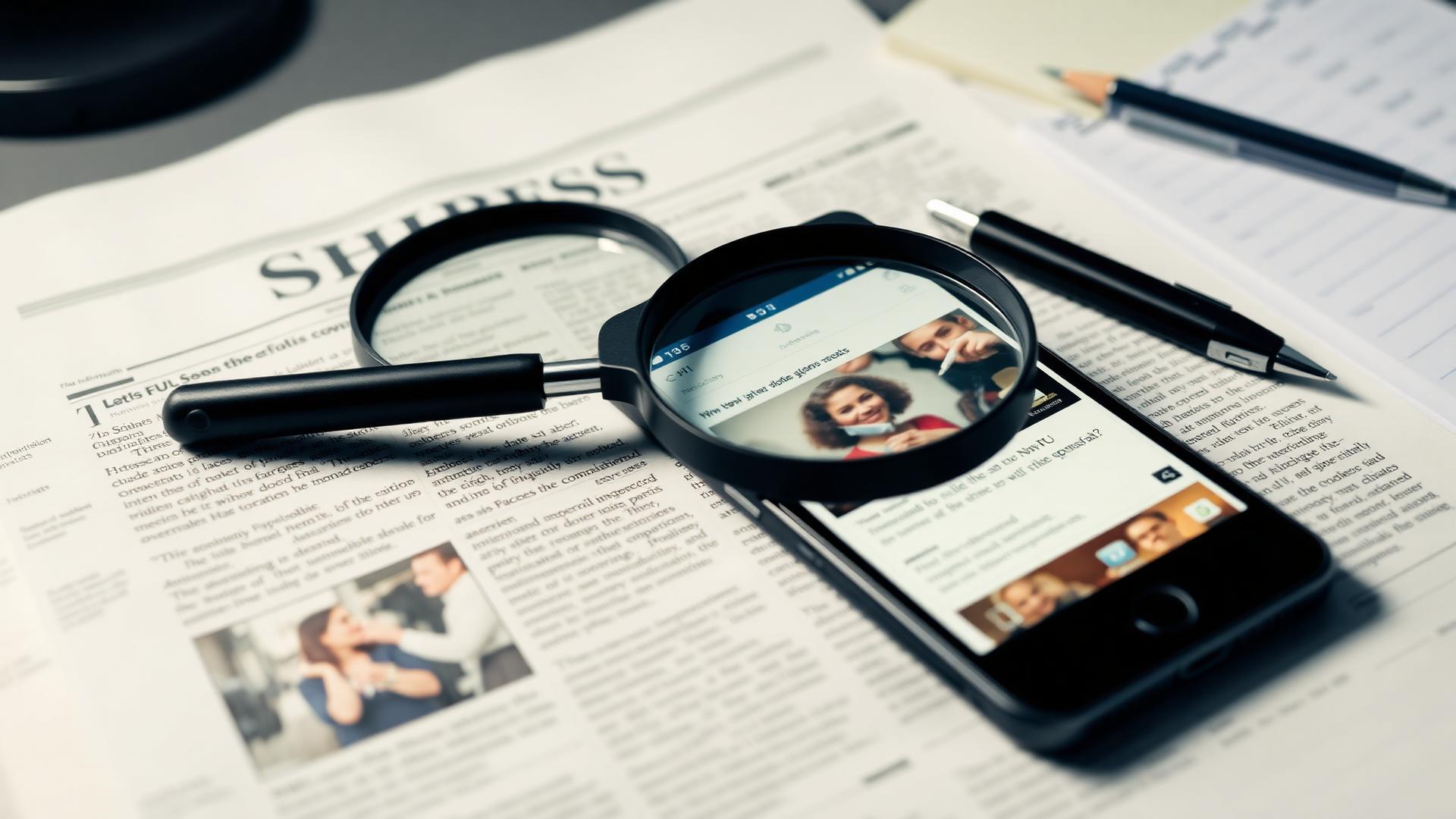 Lupa sobre un periódico y un teléfono con redes sociales para verificar información