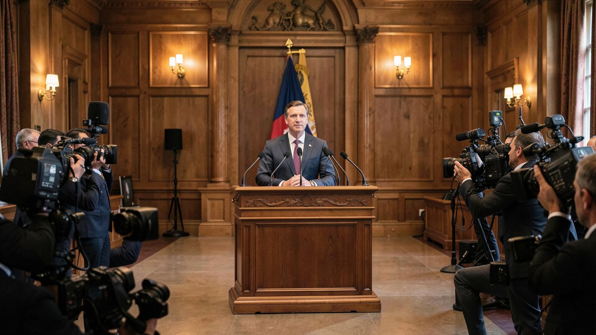 Atril presidencial con micrófonos y cámaras de televisión en un salón oficial