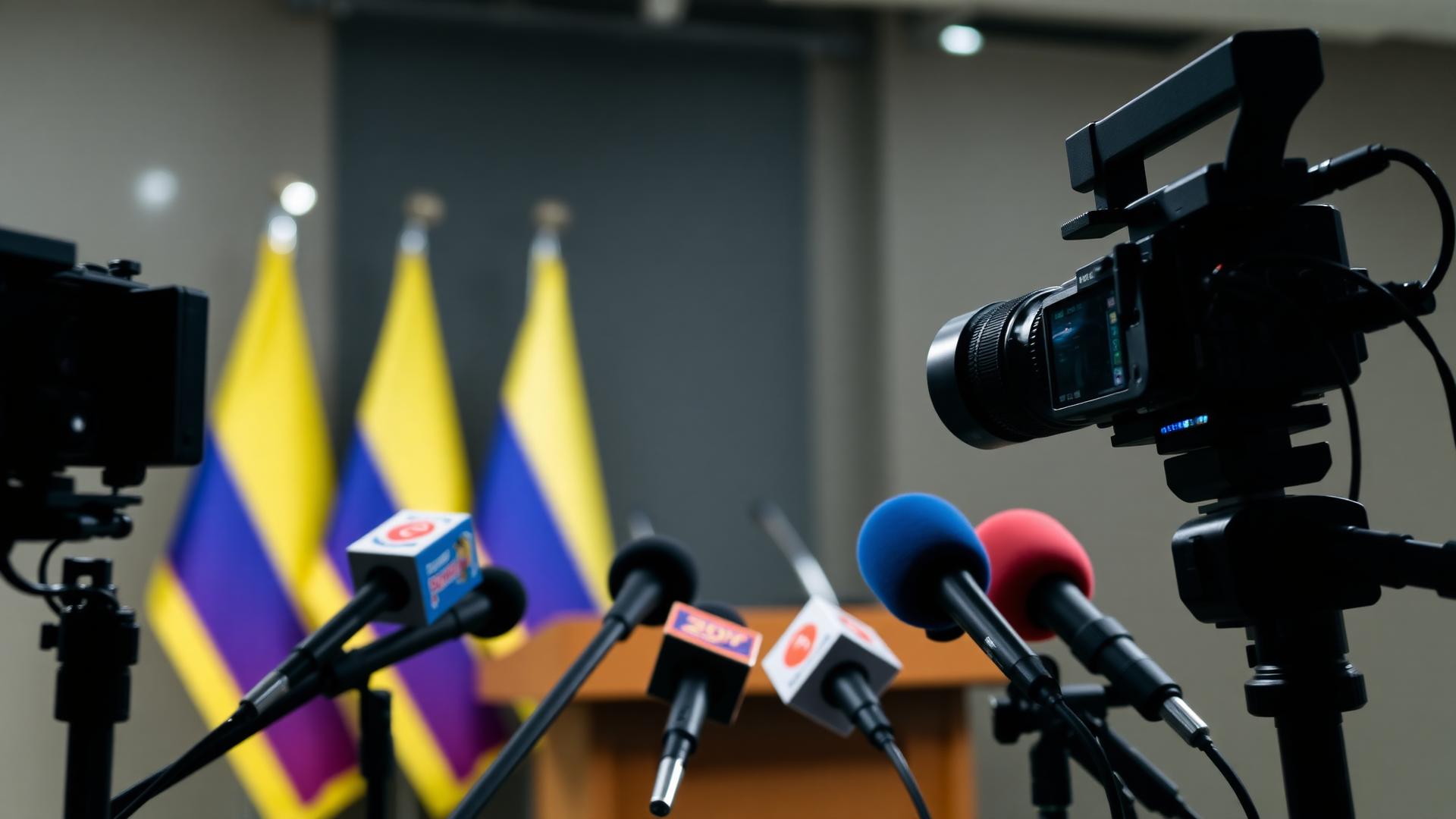 Cámaras de televisión y micrófonos de prensa frente a un atril con banderas de Colombia