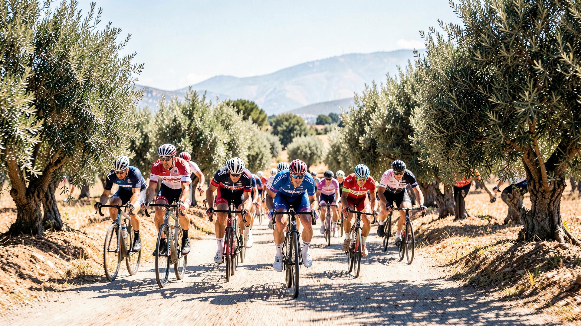Pelotón ciclista rodando entre olivares andaluces bajo el sol